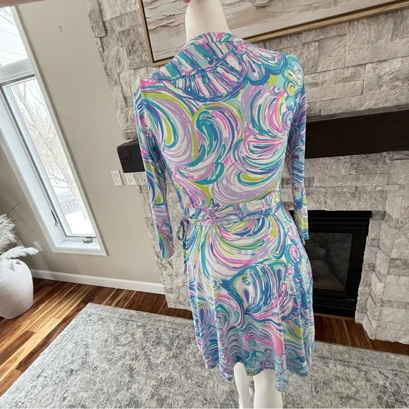 Lilly Pulitzer Mini Wrap Dress Blue Pink Green Print Jersey Tie Waist Size S - Picture 4 of 9